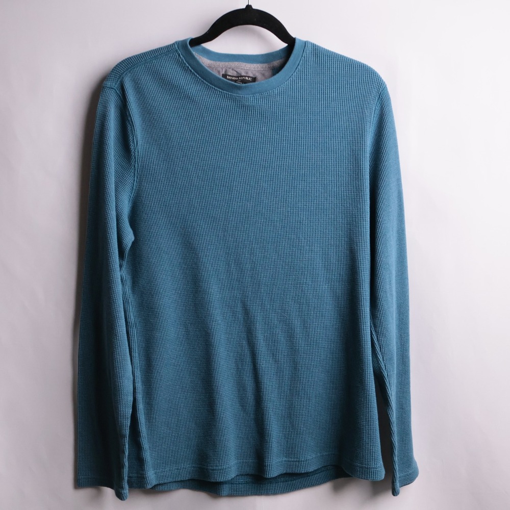 Banana Republic Mens Waffle‎ Knit Thermal Long Sleeve Shirt Teal Blue L Y2K